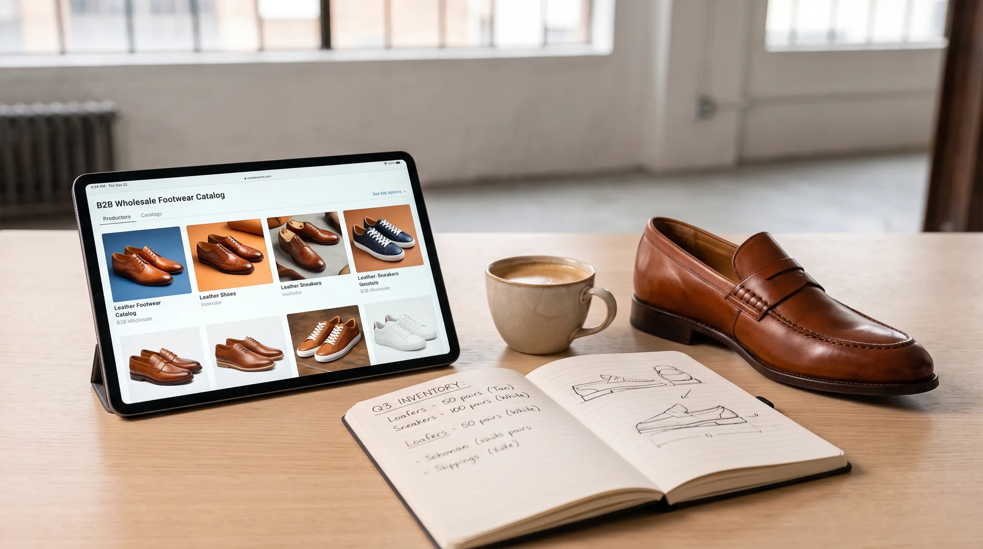 Bir perakendecinin çalışma masasının üstten görünüşü; tablette toptan ayakkabı kataloğu, yanında not defteri ve bir adet loafer ayakkabı.