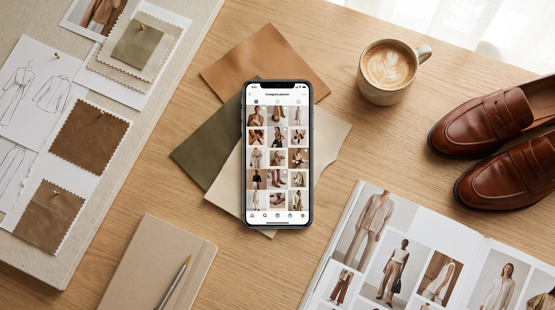 Bir masanın üzerinde Instagram içerik planlaması yapılırken kullanılan akıllı telefon, ayakkabı, renk paletleri ve kahve.