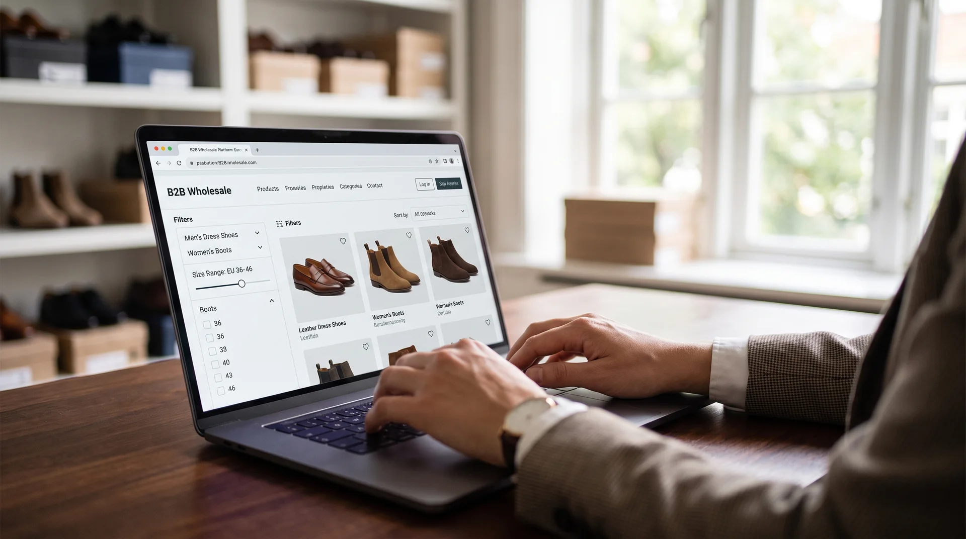 Bir butik sahibi, dizüstü bilgisayarından toptan ayakkabı platformundaki ürünleri detaylı filtreler kullanarak inceliyor.