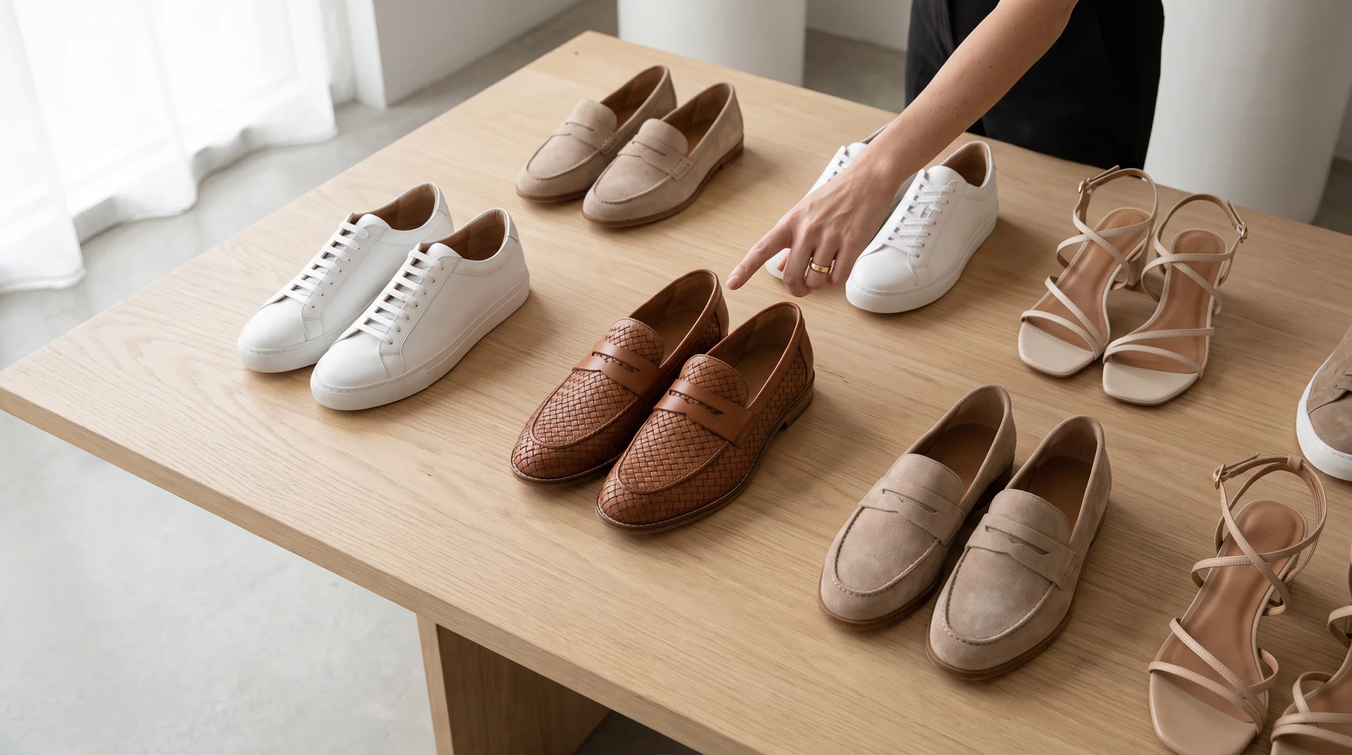 Ahşap bir masa üzerinde seçim için düzenlenmiş çeşitli toptan ayakkabı modelleri: spor ayakkabılar, loafer'lar ve sandaletler.
