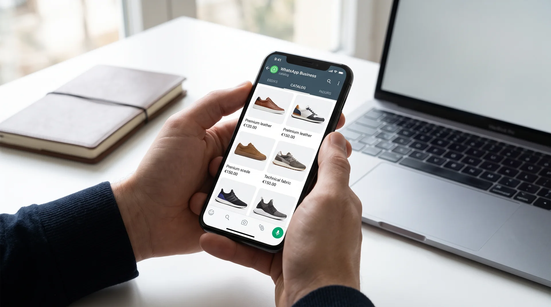 Akıllı telefondan WhatsApp Business ayakkabı kataloğunu yöneten bir mağaza sahibi.