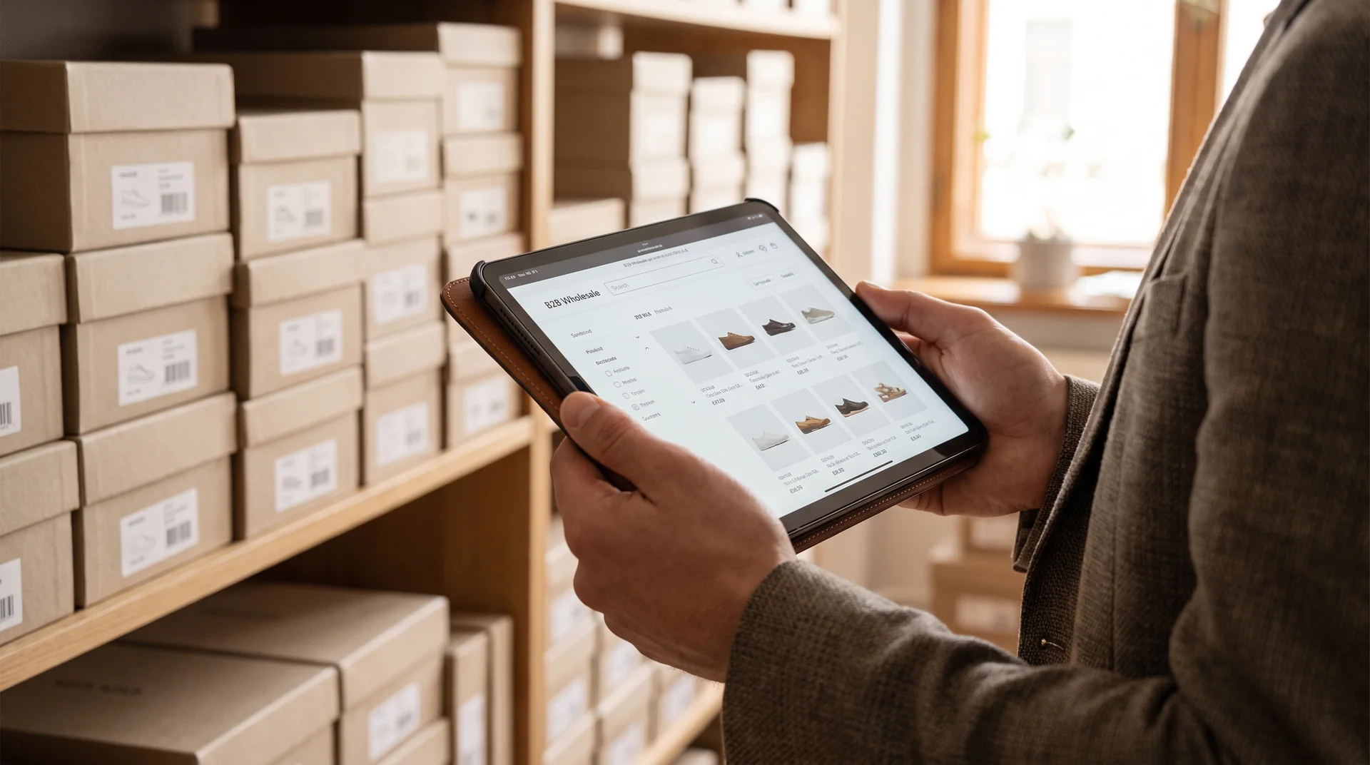 Bir mağaza sahibi, verimli bir şekilde düzenlenmiş ayakkabı kutularının bulunduğu depo alanında tablet üzerinden toptan sipariş veriyor.