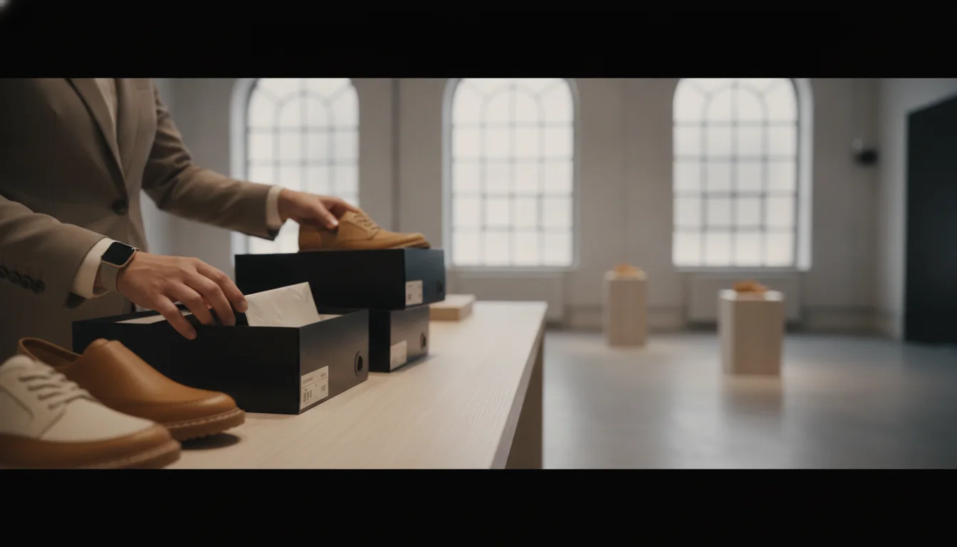 Store employee checking the number and barcode label on a shoe box