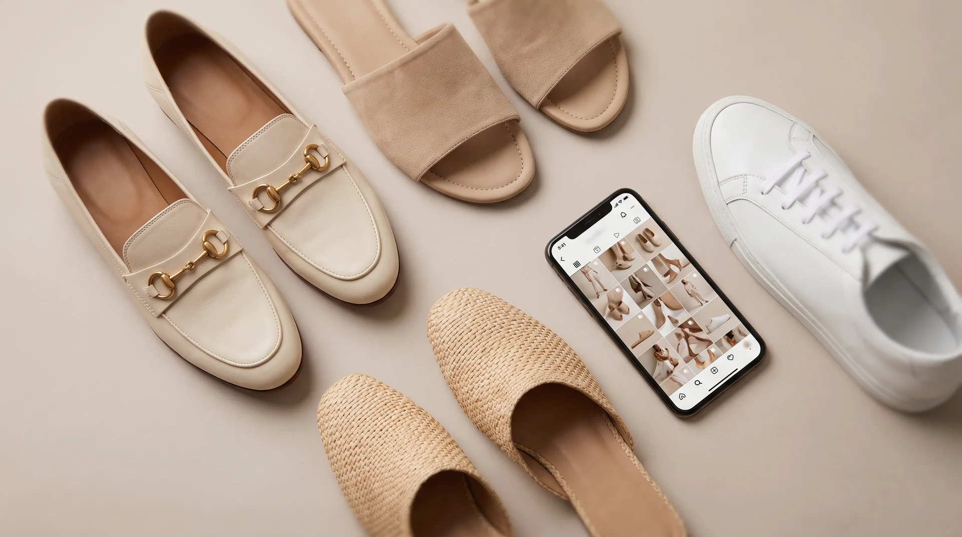 Bir akıllı telefonun yanında, sosyal medya trendlerine uygun çeşitli kadın spor ayakkabıları, sandaletler ve loafer modellerinin üstten görünümü.