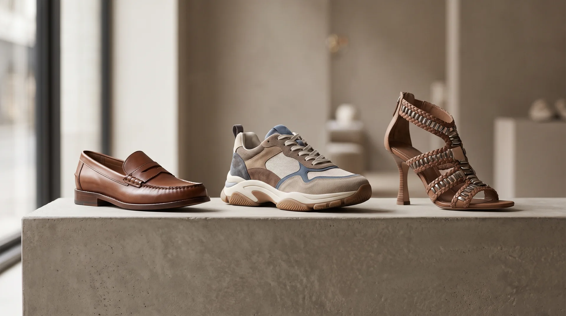 Minimalist bir yüzey üzerinde yan yana duran üç farklı kadın ayakkabısı: klasik bir loafer, renkli bir spor ayakkabı ve şık bir topuklu sandalet.