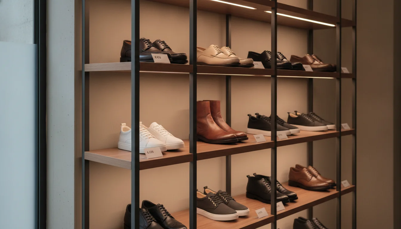 Shoe models displayed on a carefully arranged shelf unit inside the store