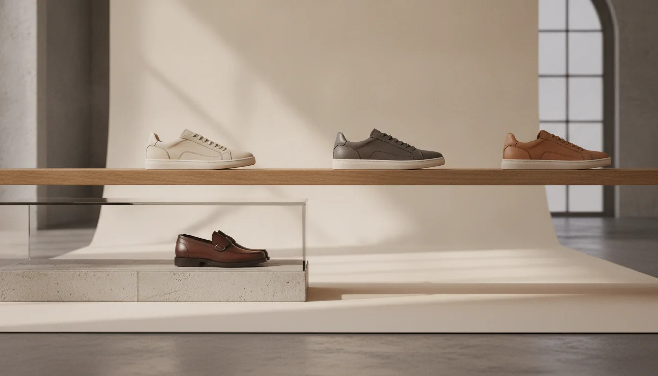 Modèles de chaussures exposés sur une unité de rayonnage soigneusement organisée en magasin (composition différente)
