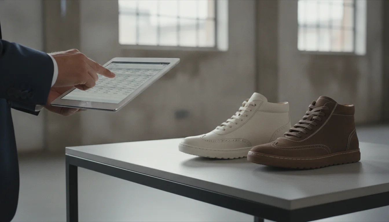 Store manager reviewing stock data and size distribution on a tablet in a shoe store.