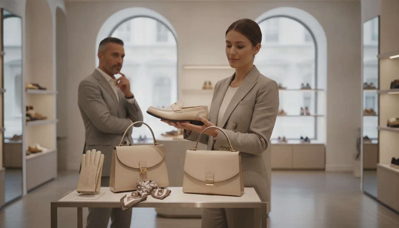 Représentant des ventes suggérant des produits supplémentaires et des combinaisons à un client dans un magasin de chaussures