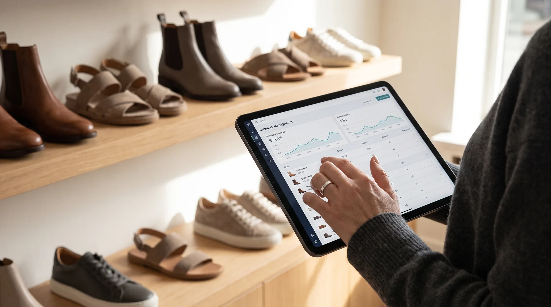 Butik sahibi, elindeki tablet ile ayakkabı stoklarını kontrol ederken, arka planda raflarda farklı model ayakkabılar görünüyor.