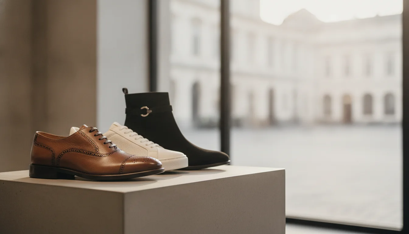 Moment de travail où le responsable de la boutique examine de près la semelle de la chaussure et les détails de la couture. (composition différente)