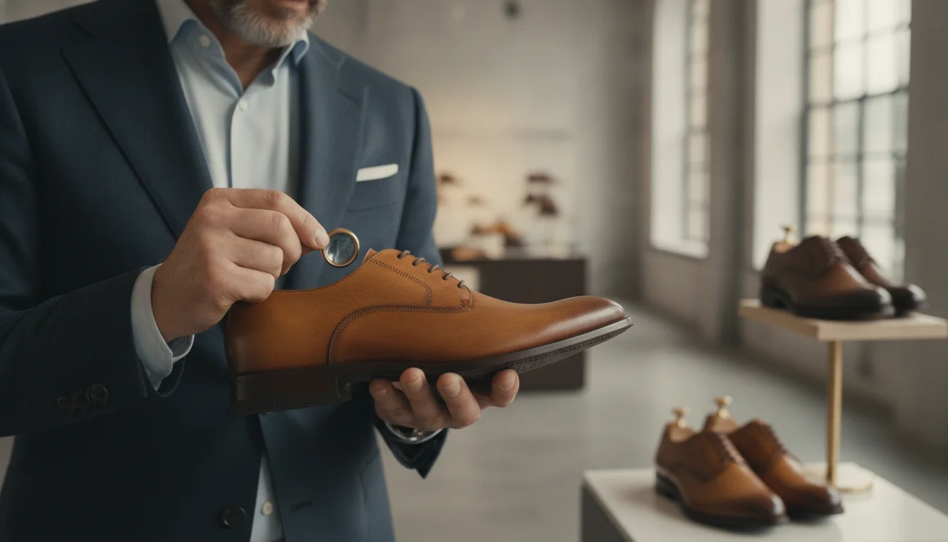 Store owner examining shoe quality and stitching details inside boutique