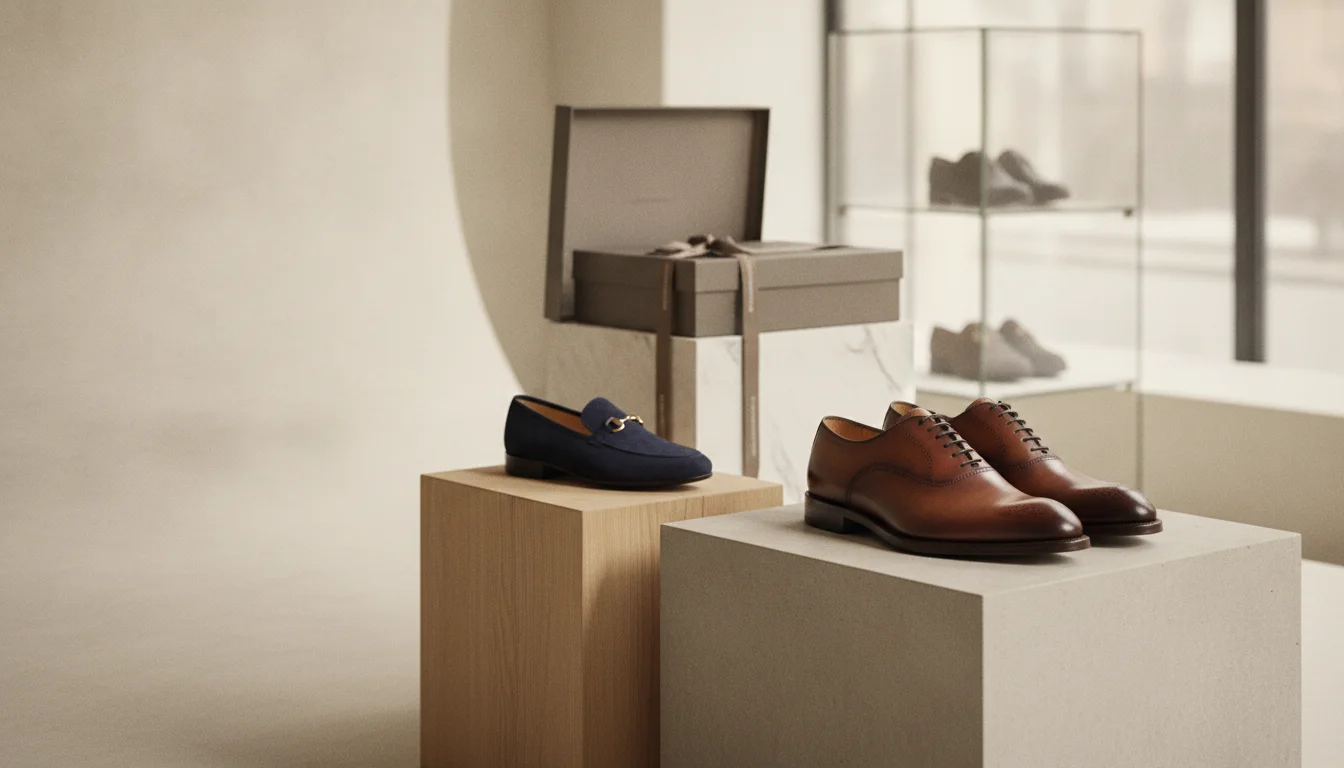 Propriétaire du magasin examinant la qualité des chaussures et les détails de couture dans la boutique (composition différente)