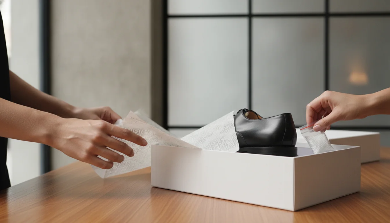 Warehouse worker placing tissue paper and protective material into a shoe box at the packing table.