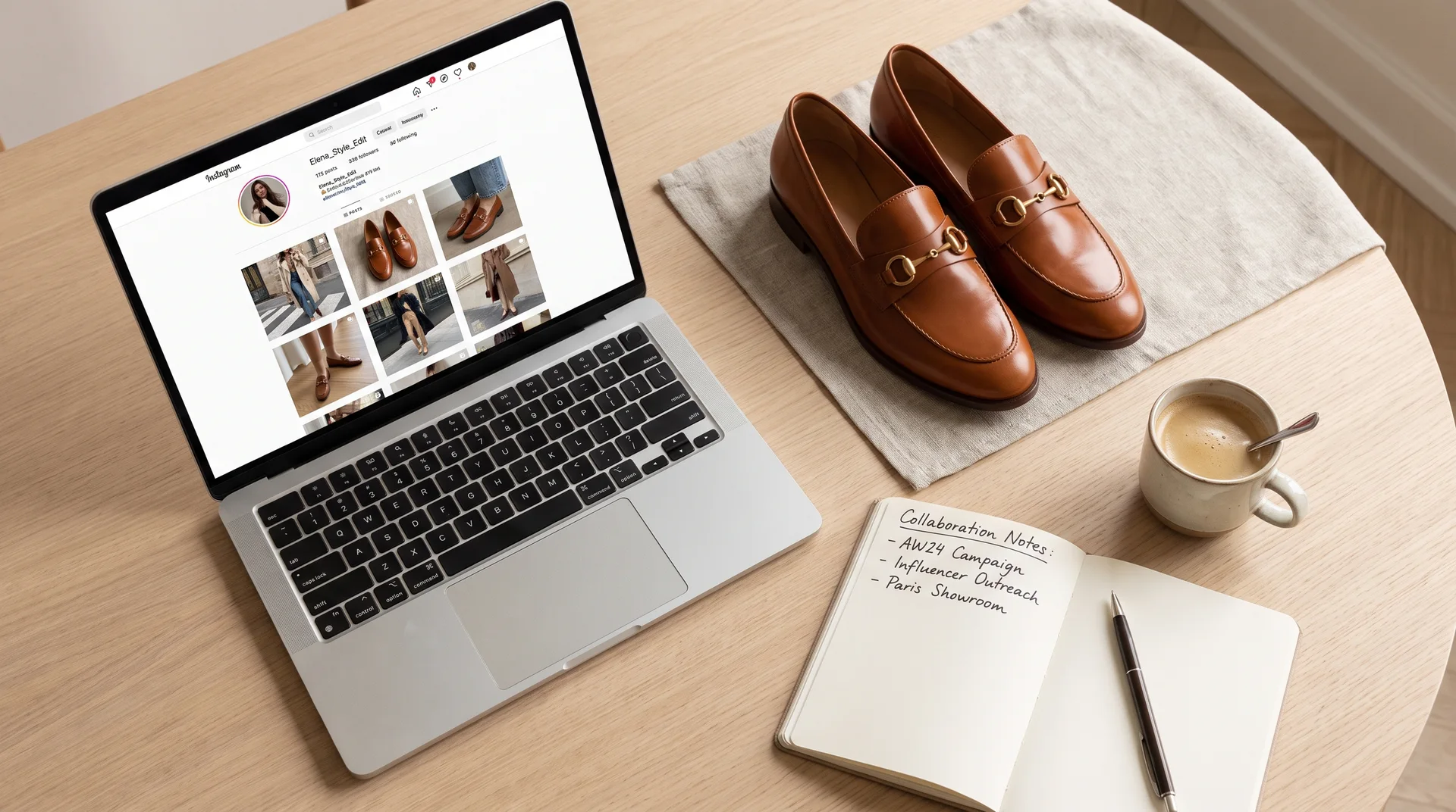 Bir ayakkabı butiği sahibinin masasında, influencer profili açık bir dizüstü bilgisayar, bir çift kadın loafer ayakkabı ve işbirliği notları.