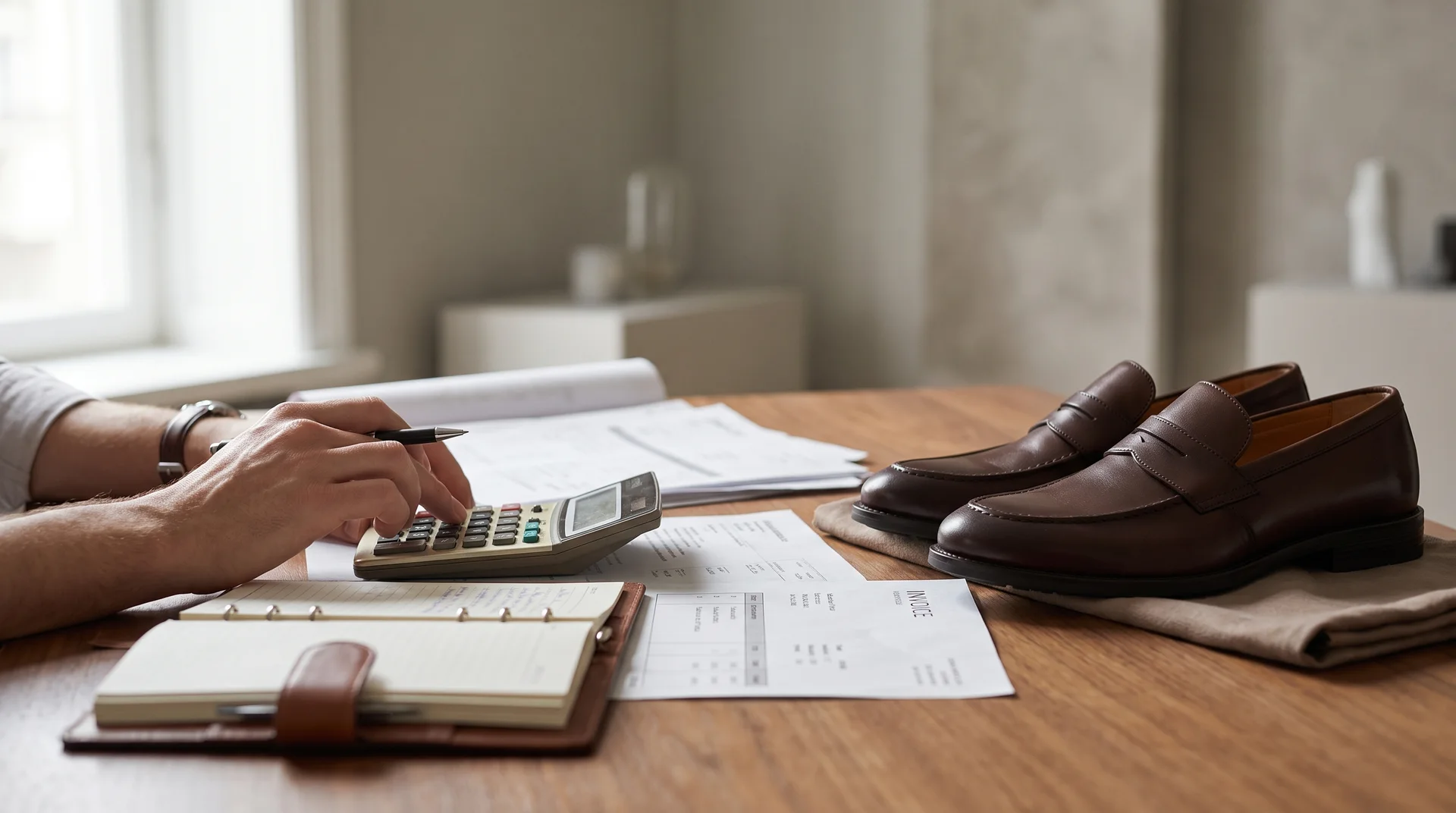 Bir masanın üzerinde finansal belgeleri, faturaları ve hesap makinesini inceleyen bir kişinin elleri ve yanında duran bir çift ayakkabı.