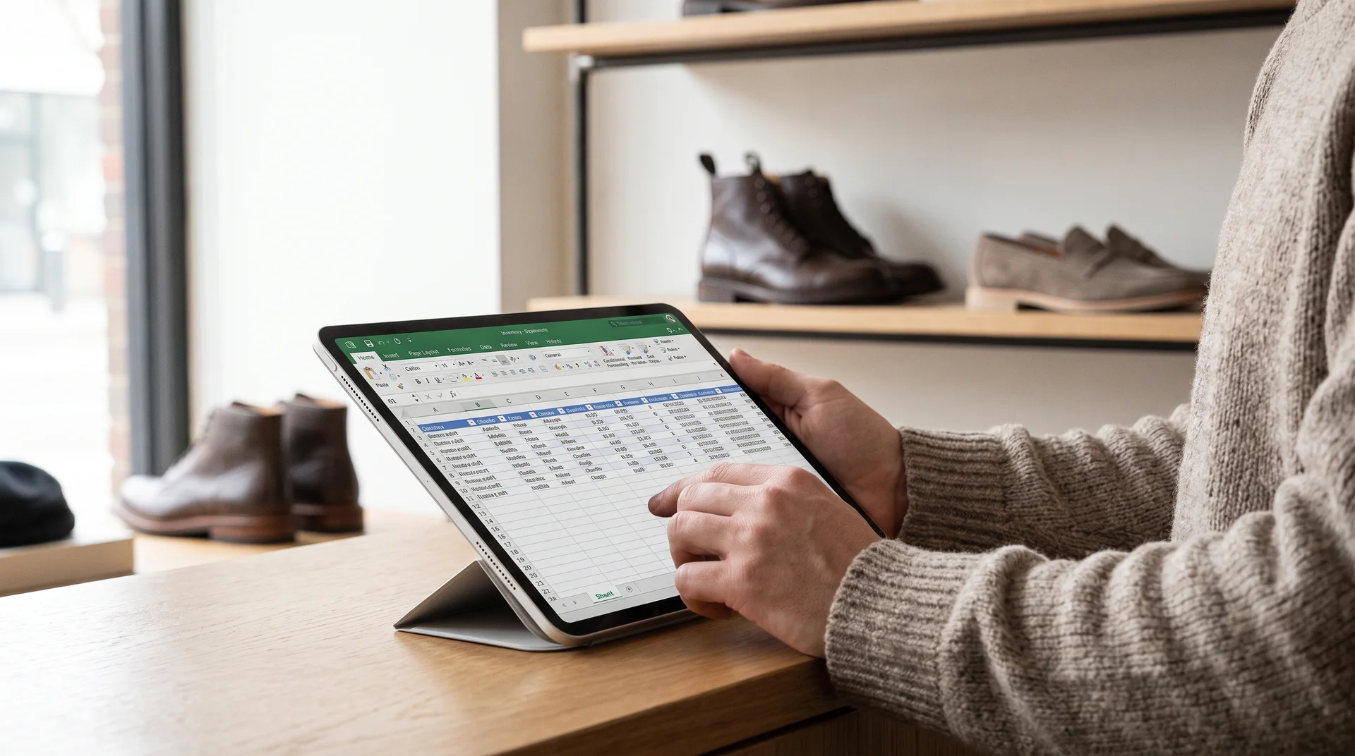Bir butik sahibi, arka planda ayakkabı rafları bulunan bir masada tablet kullanarak stoklarını kontrol ediyor.