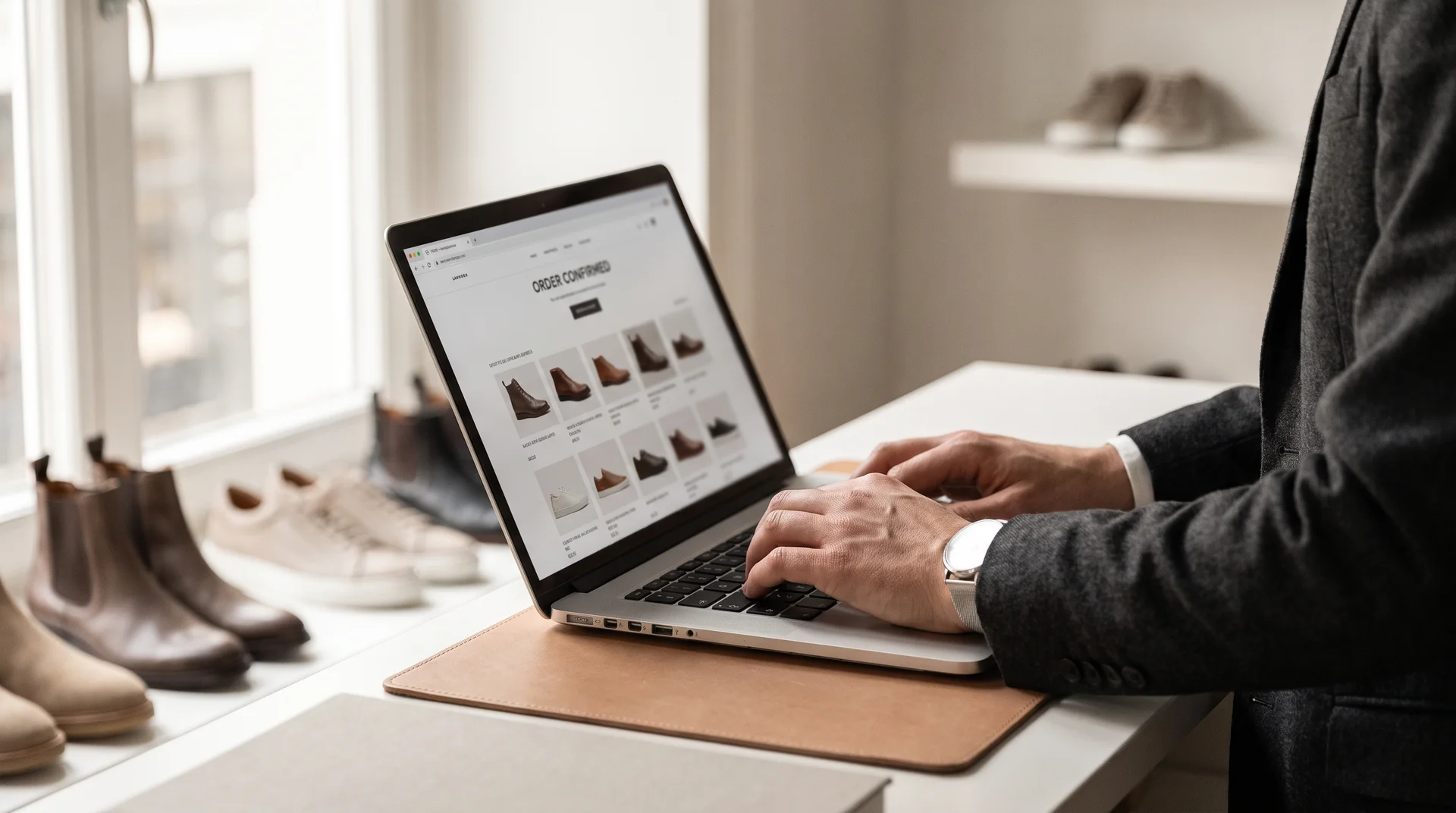 Bir alıcının dizüstü bilgisayar kullanarak toptan ayakkabı siparişi için güvenli online ödeme işlemini tamamlaması.
