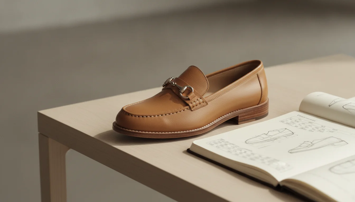 Leather shoe on a wooden table with a notebook containing measurement notes beside it