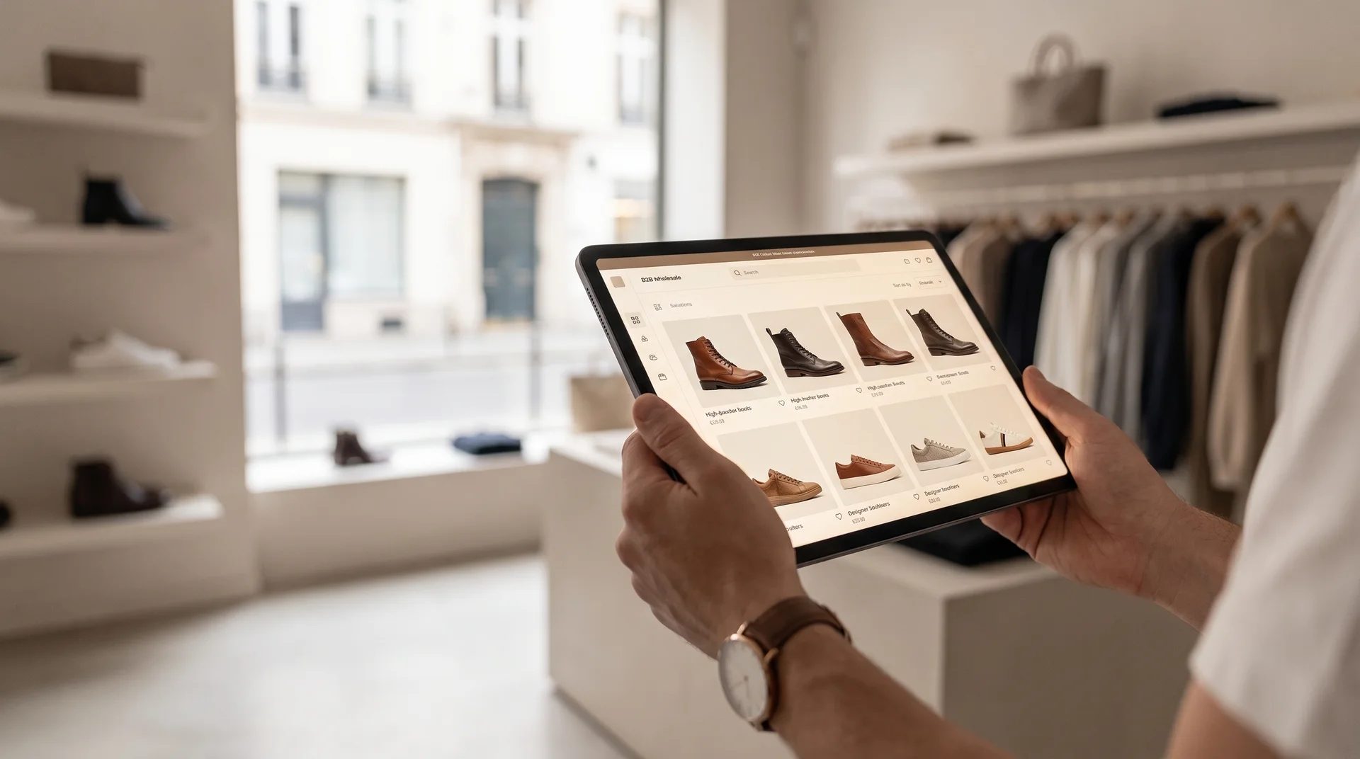 Bir butik sahibi, tablet üzerinden toptan ayakkabı modellerinin yer aldığı bir B2B pazar yerini inceliyor.