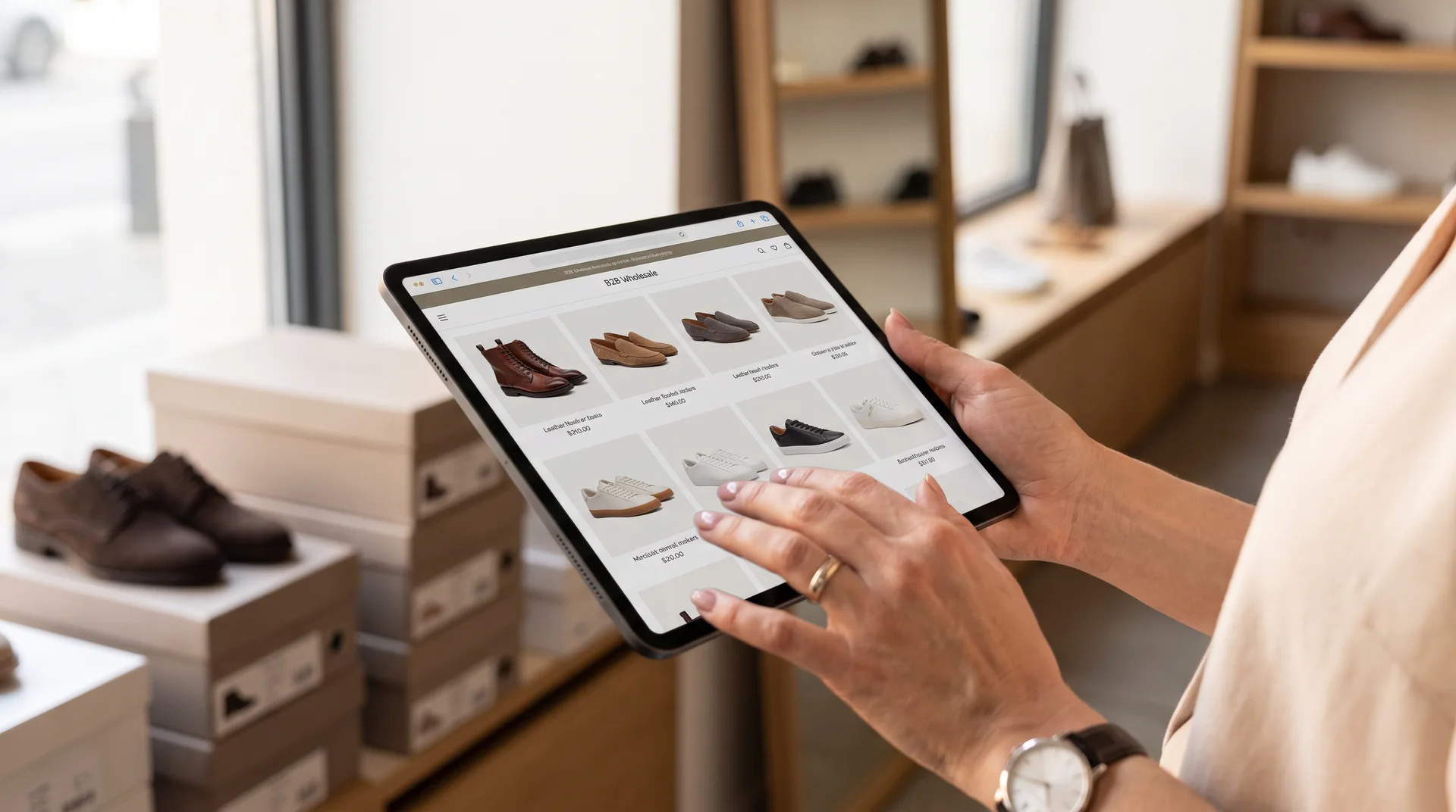 Bir mağaza sahibinin tablet üzerinden toptan ayakkabı modellerini incelediği an, arka planda ayakkabı kutuları görünüyor.