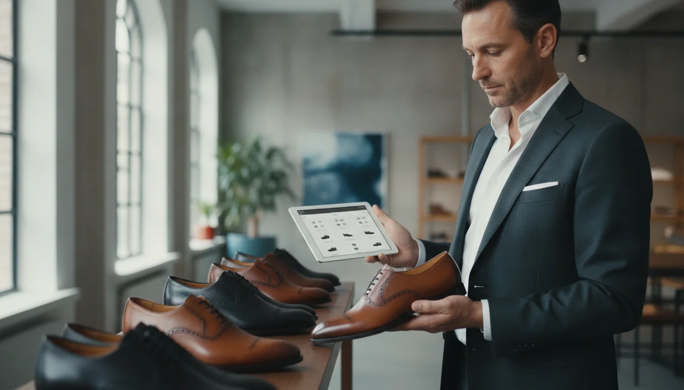 Moment when the store owner is examining high-quality shoes and inventory management.