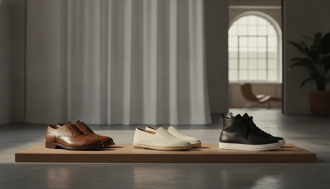 Moment when the store owner is examining high-quality shoes and inventory management. (different composition)