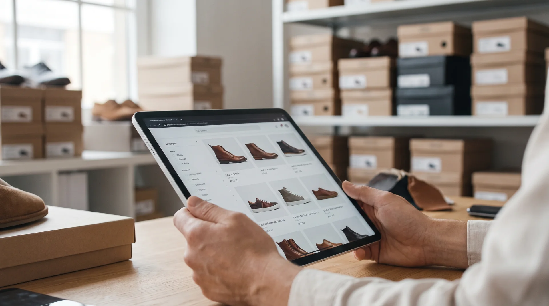 Bir mağaza sahibinin, arka planda ayakkabı kutularının bulunduğu bir odada tablet üzerinden toptan ayakkabı modellerini incelemesi.