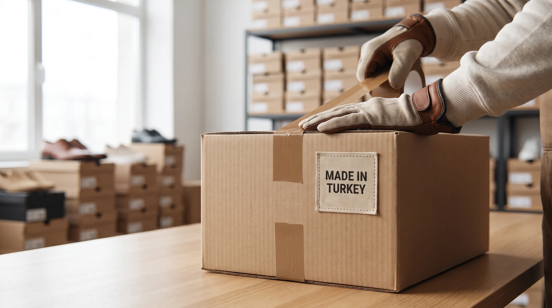 Bir depoda, üzerinde 'Made in Turkey' etiketi bulunan bir kargo kutusunu paketleyen bir çalışanın yakın plan görüntüsü.