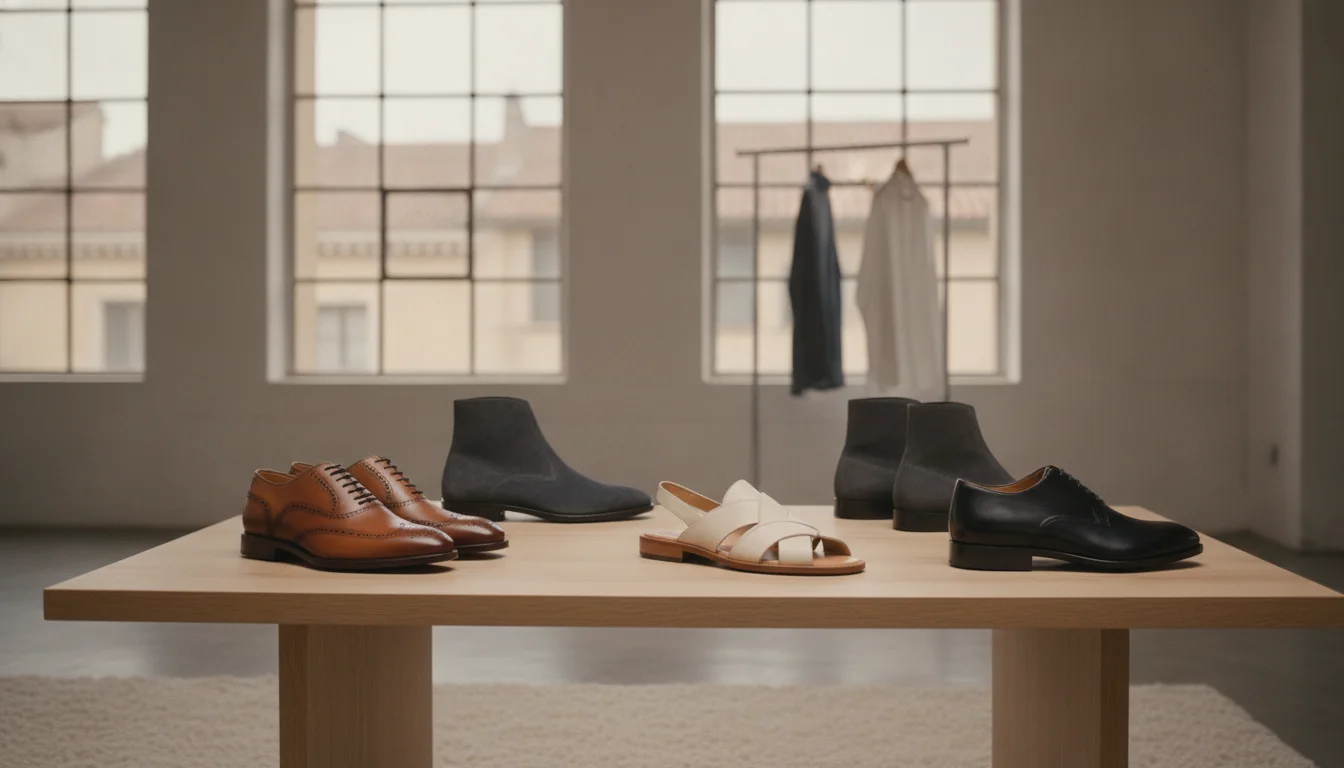 Un responsable de magasin consultant l'analyse du stock de chaussures en gros sur une tablette avec des boîtes bien rangées. (composition différente)