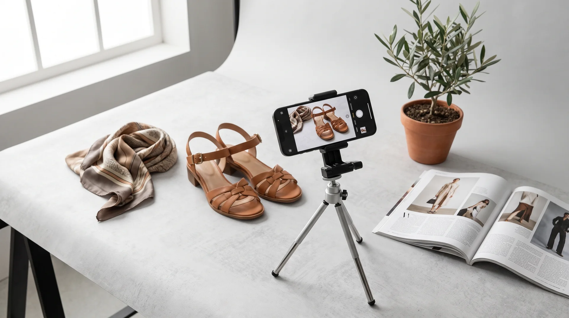 Bir içerik üreticisinin masasında, tripod üzerindeki akıllı telefonla çekime hazırlanan bir çift şık kadın sandaletinin üstten görünümü.