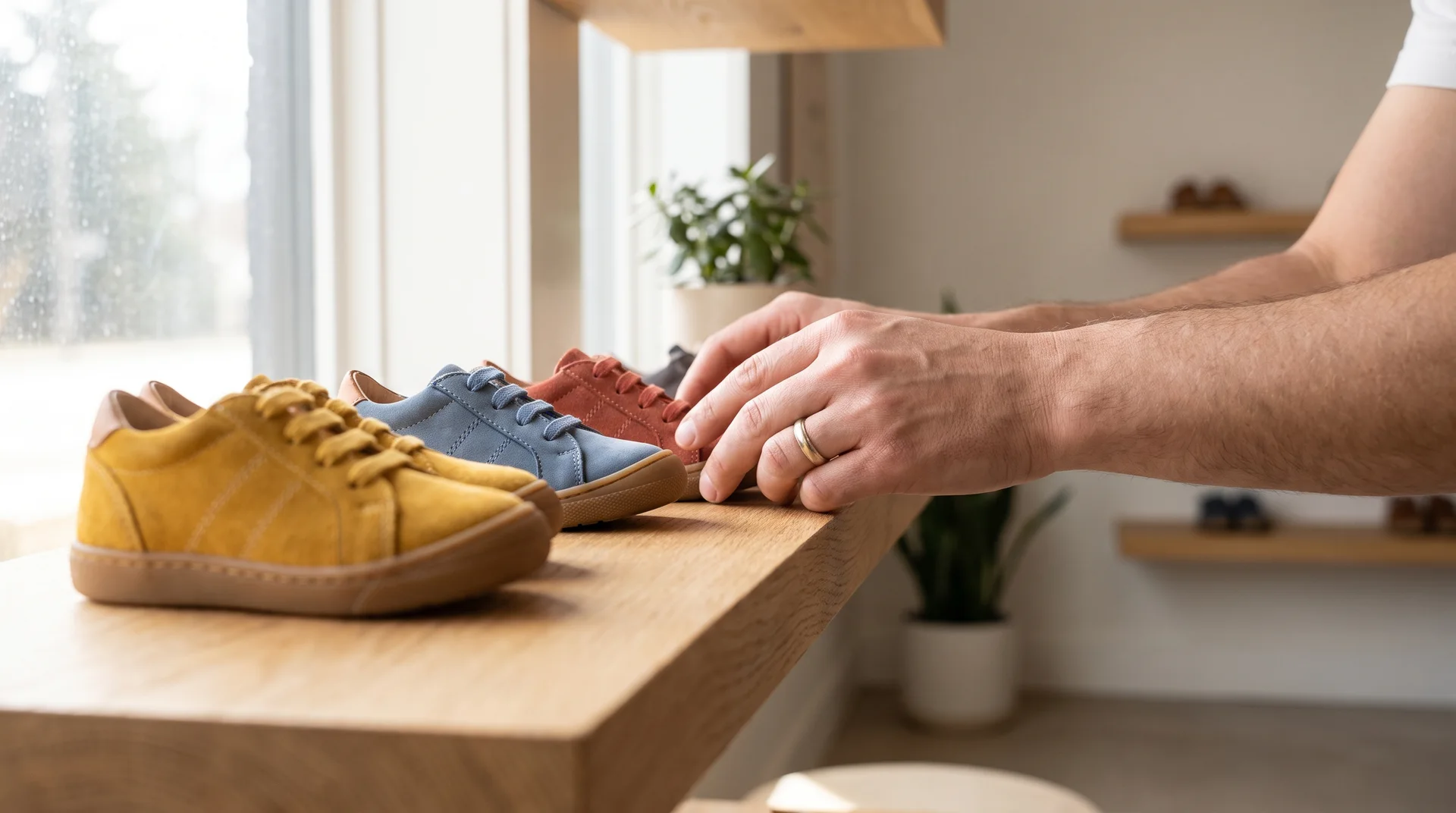 Bir butik mağaza sahibi, ahşap bir rafta duran renkli çocuk spor ayakkabılarını özenle düzenliyor.