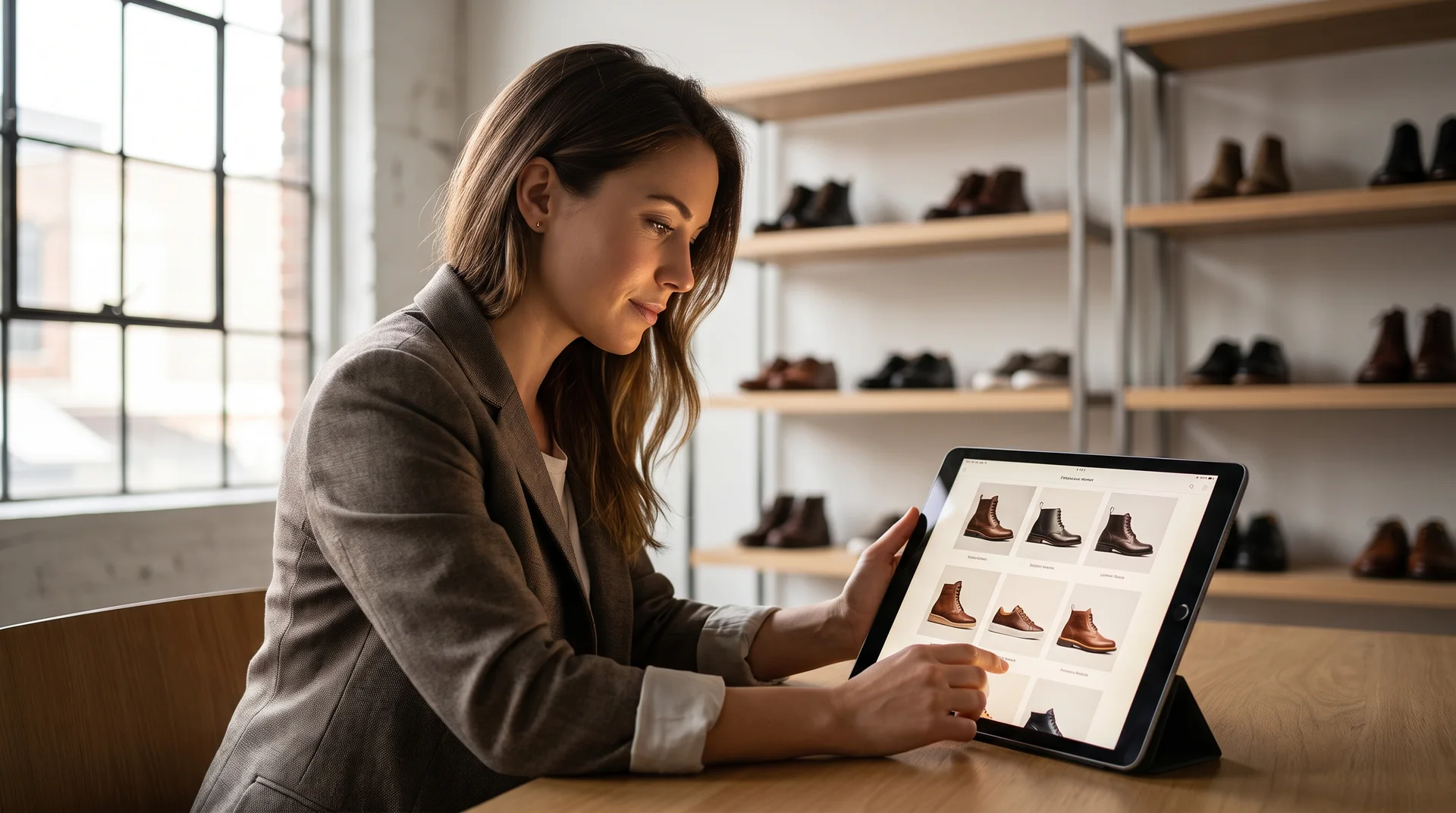 Genç bir butik sahibi, tablet üzerinden toptan ayakkabı modellerini incelerken mağazasının rafları arka planda görünüyor.