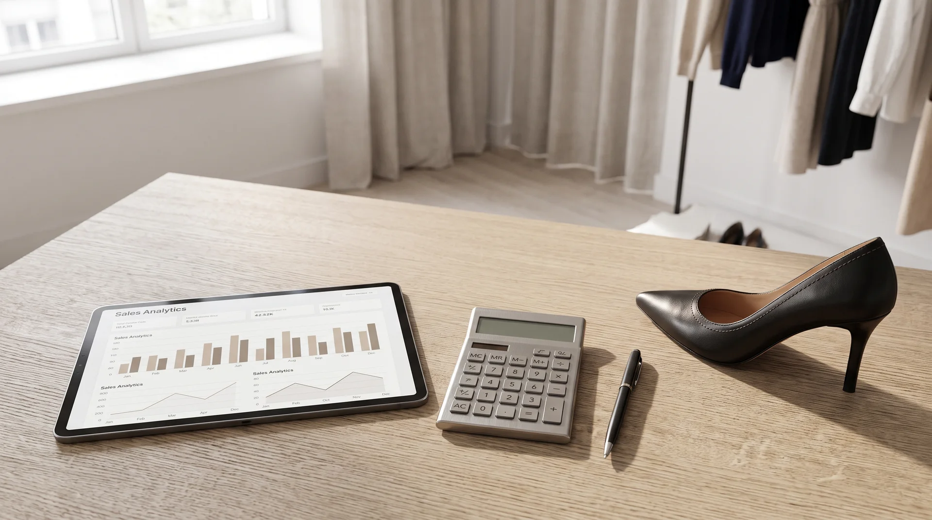 Bir perakende mağazasının çalışma masasının üstten görünüşü; üzerinde satış analizleri gösteren bir tablet, hesap makinesi, kalem ve şık bir kadın stiletto ayakkabısı duruyor.