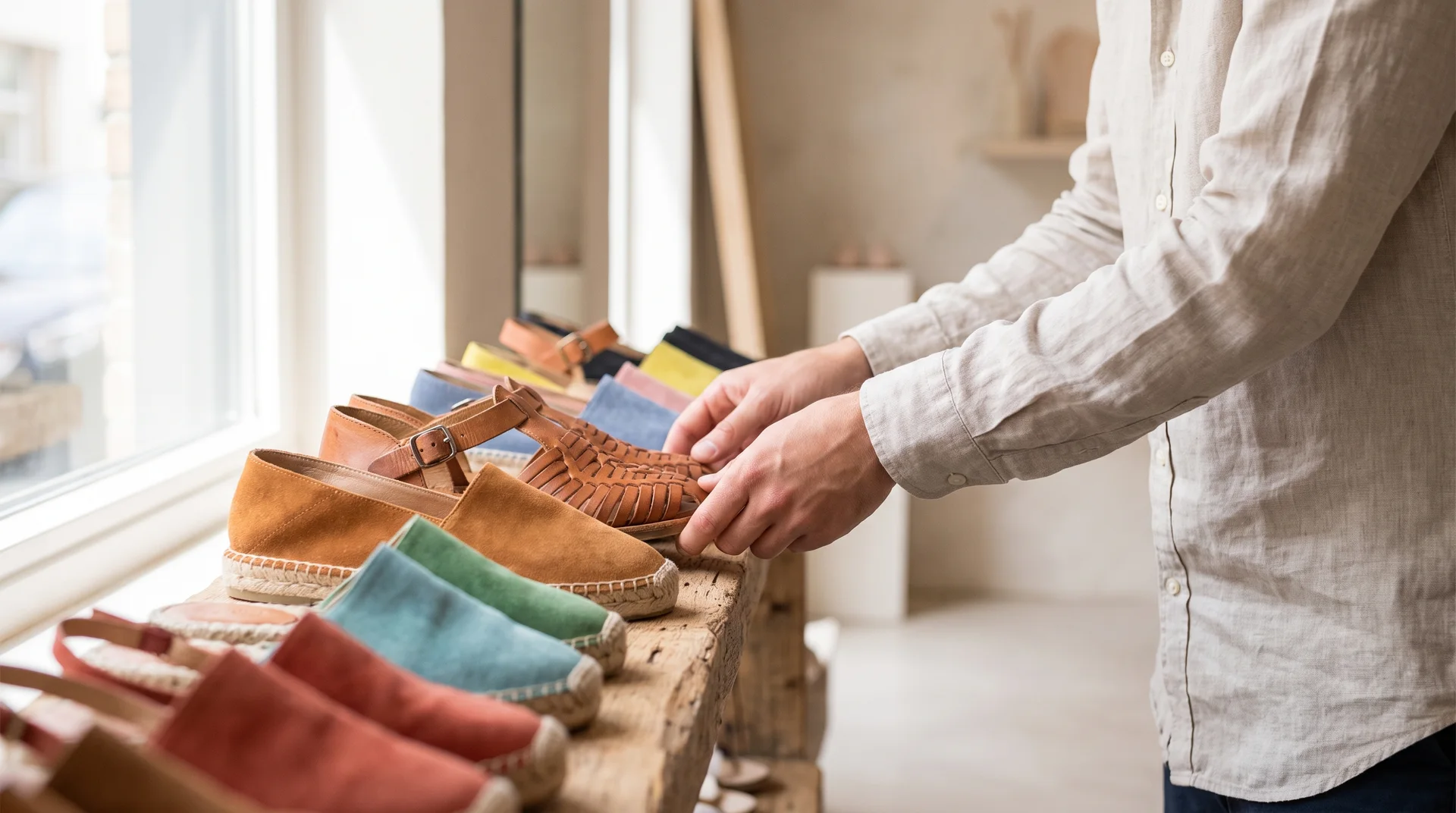 Bir mağaza çalışanı, aydınlık bir butik içerisinde ahşap raflara rengarenk yazlık sandaletleri özenle yerleştiriyor.