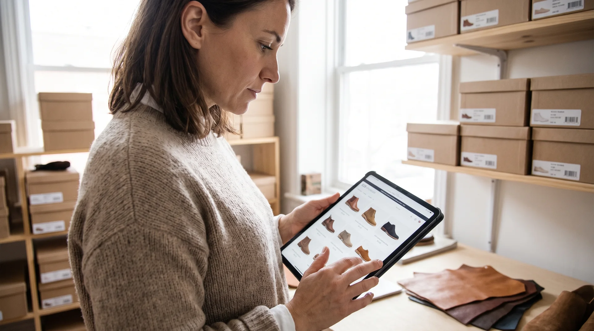 Ayakkabı mağazası sahibi, tablet üzerinden toptan ayakkabı modellerini incelerken görülüyor. Arka planda düzenli bir depo ve ayakkabı kutuları yer alıyor.
