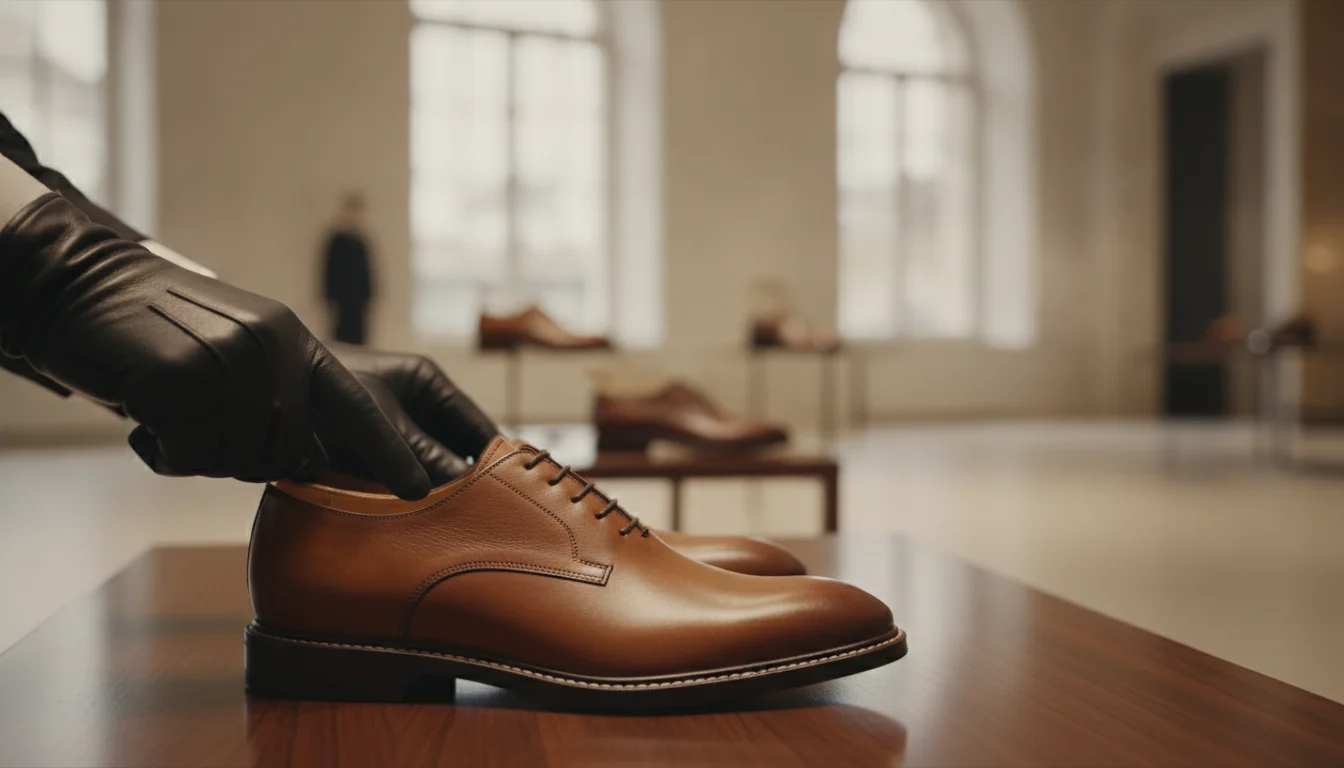 Retailer inspecting leather quality and sole stitching in a shoe showroom environment.