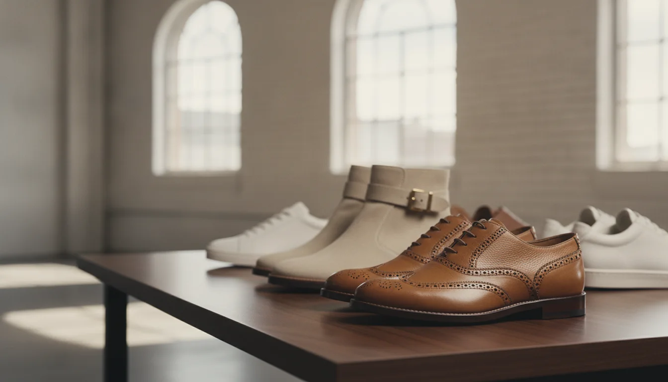 Retailer inspecting leather quality and sole stitching in a shoe showroom environment. (different composition)