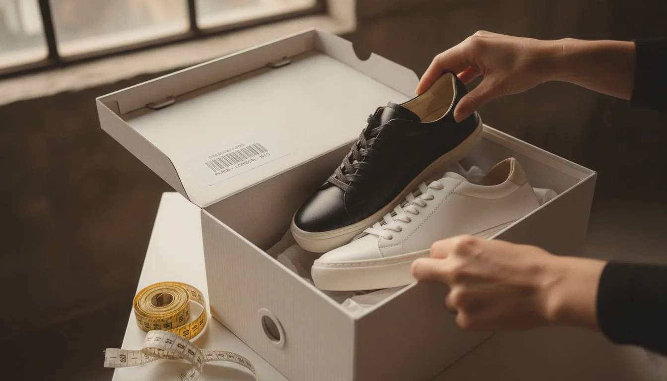 E-commerce seller's desk packing a shoe box and preparing the shipping label.