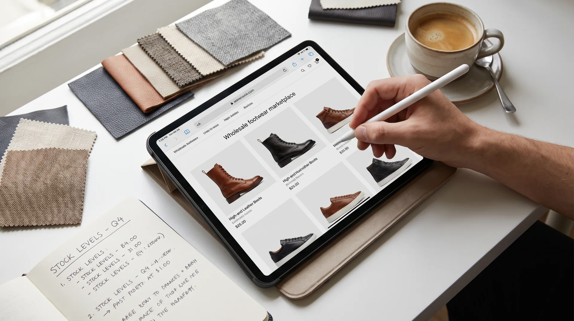 Bir butik sahibinin çalışma masasının üstten görünüşü. Masada toptan ayakkabı sitesi açık olan bir tablet, kumaş örnekleri ve not defteri bulunuyor.
