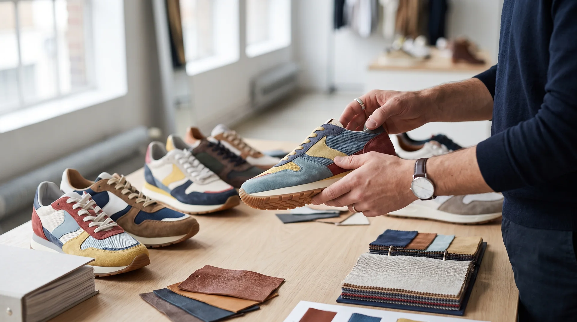 Bir toptan alıcının, çeşitli spor ayakkabı numuneleriyle dolu bir masada renkli bir sneaker modelinin dikişlerini ve tabanını yakından incelemesi.