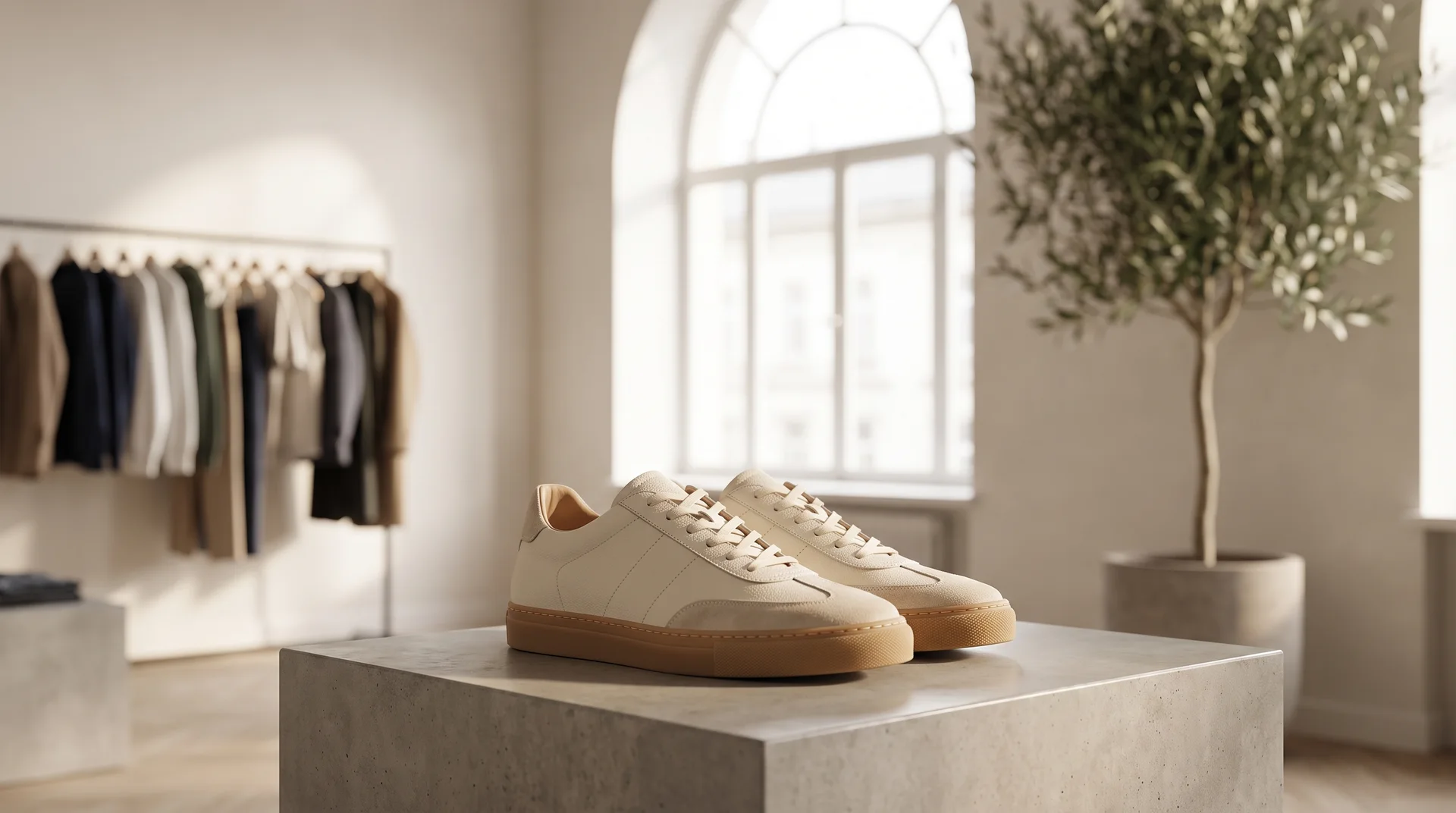 Bir toptan alıcının, çeşitli spor ayakkabı numuneleriyle dolu bir masada renkli bir sneaker modelinin dikişlerini ve tabanını yakından incelemesi. (farklı kompozisyon)