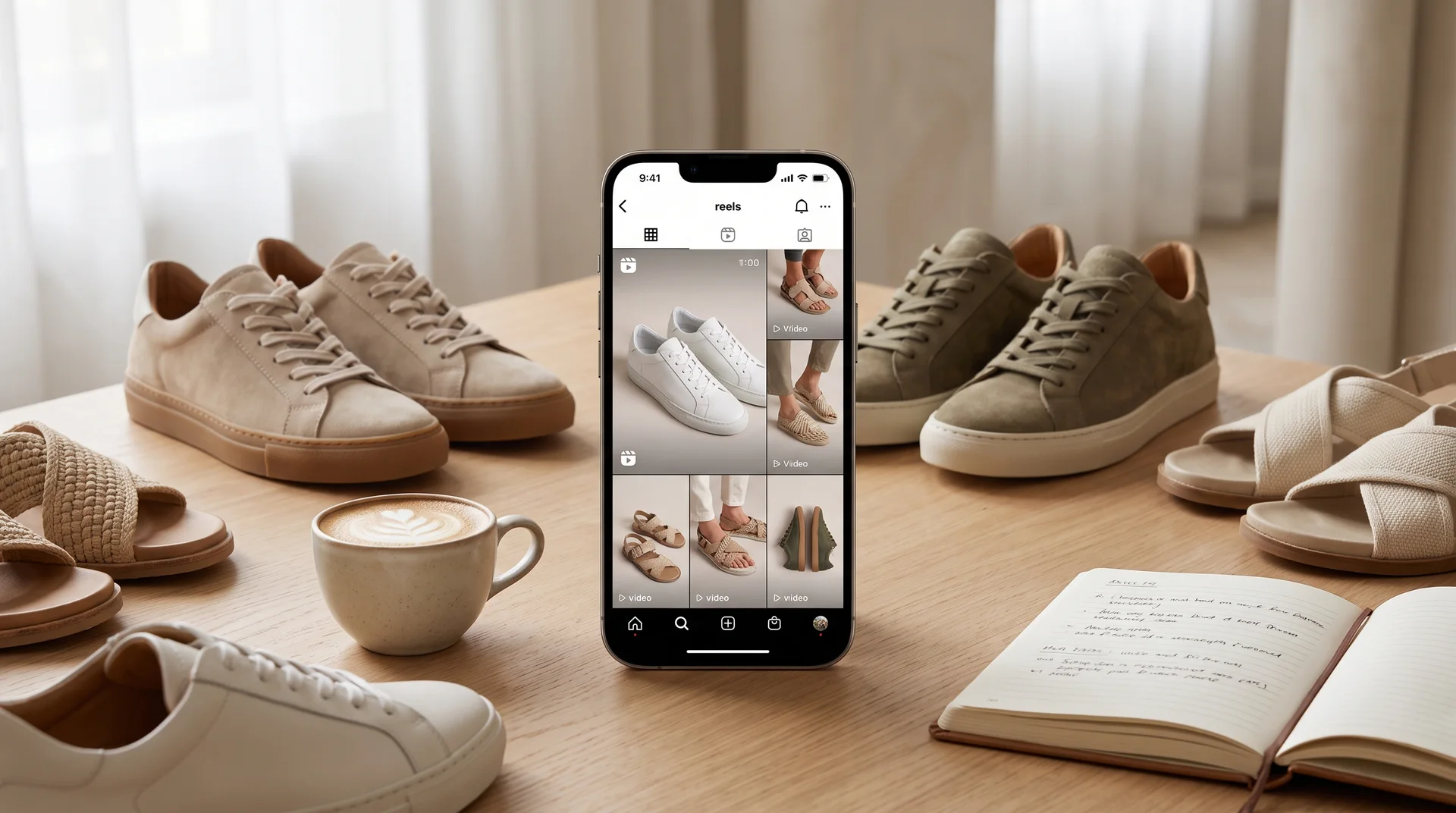Bir akıllı telefon ekranında ayakkabı videolarının olduğu Instagram Reels akışı, etrafında çeşitli spor ayakkabılar, sandaletler ve bir kahve fincanı bulunan bir masa.