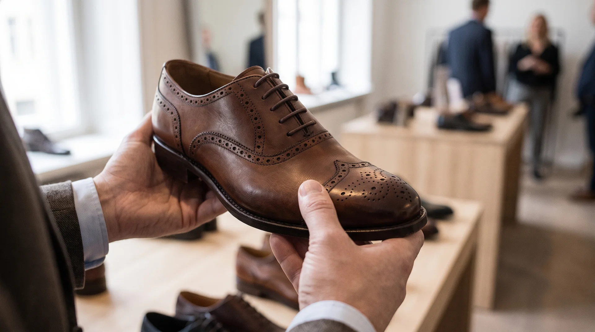 Bir alıcının, ayakkabı fuarında sergilenen erkek brogue modelinin deri kalitesini ve dikişlerini yakından incelerken çekilmiş fotoğrafı.