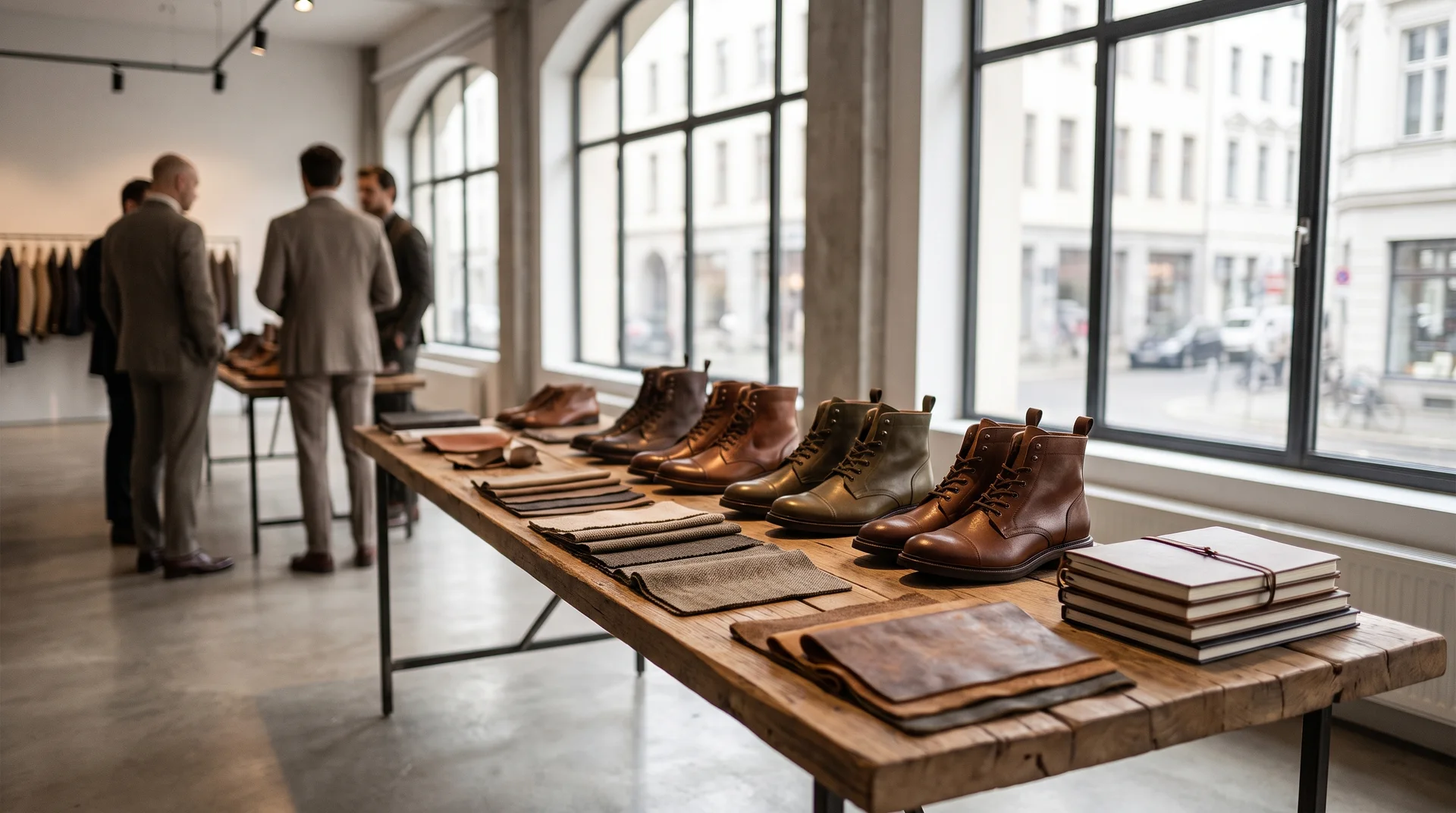 Bir alıcının, ayakkabı fuarında sergilenen erkek brogue modelinin deri kalitesini ve dikişlerini yakından incelerken çekilmiş fotoğrafı. (farklı kompozisyon)