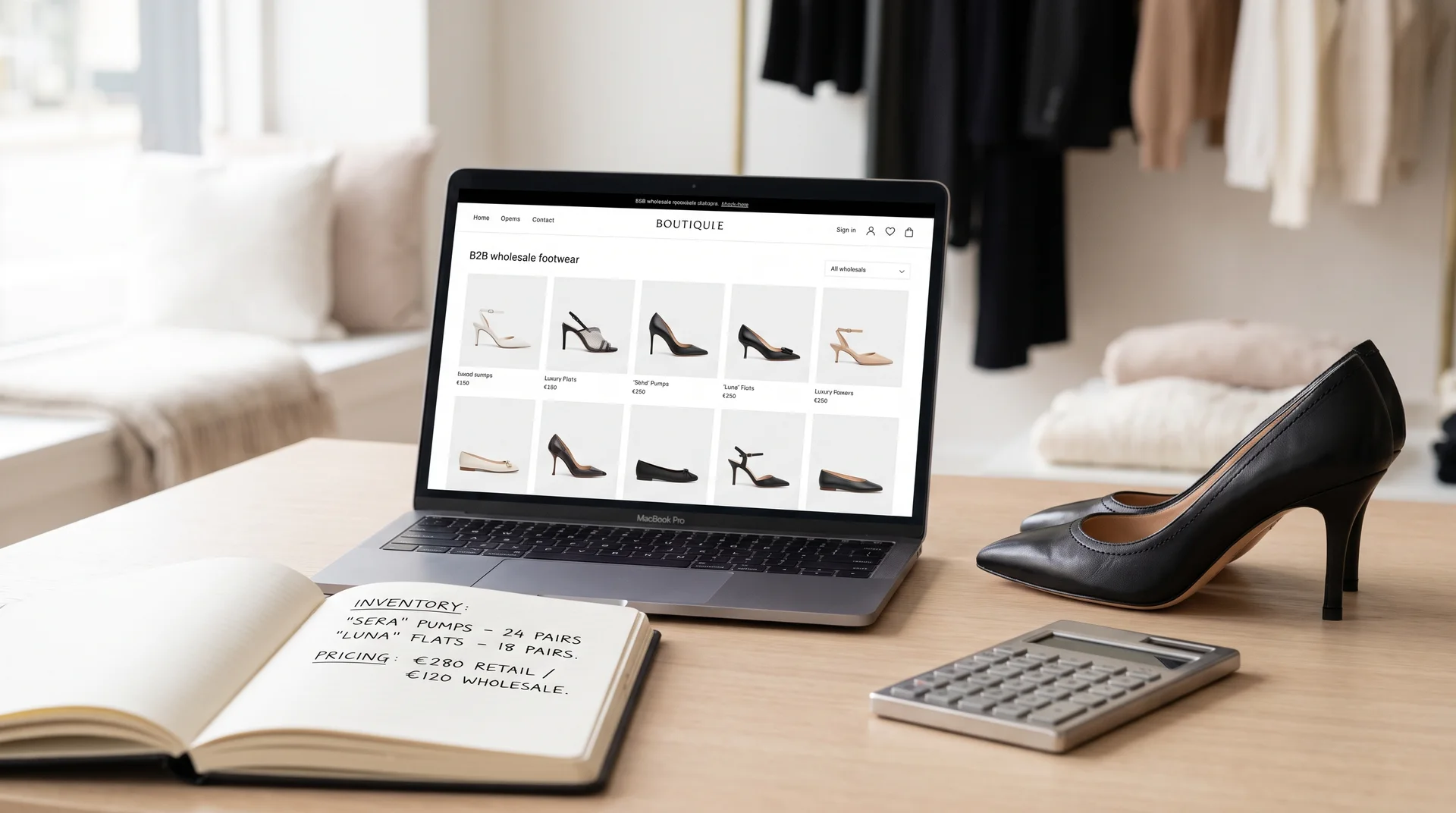 Bir butik sahibinin toptan ayakkabı siparişi verirken kullandığı dizüstü bilgisayar, not defteri ve bir topuklu ayakkabının bulunduğu çalışma masasının üstten görünümü.