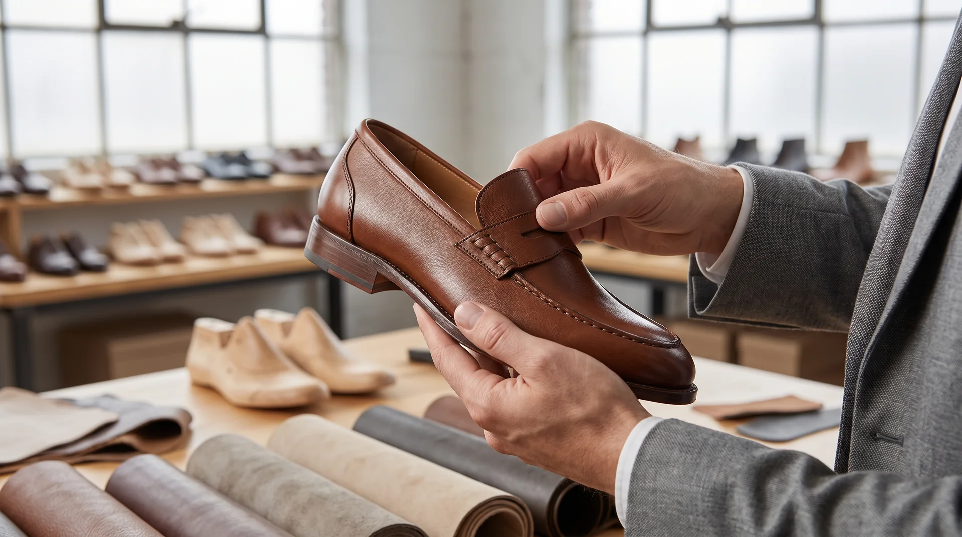 Bir alıcının, atölye ortamında erkek loafer model bir ayakkabının dikiş ve deri kalitesini yakından incelerken çekilmiş fotoğrafı.