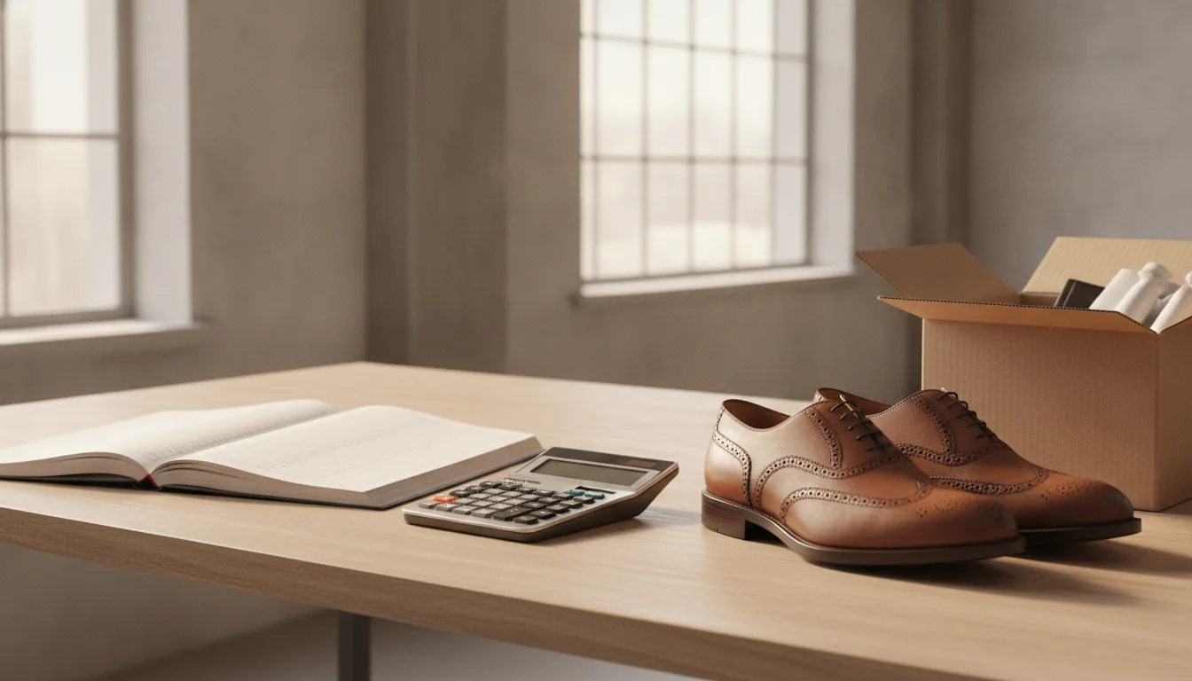 Work desk and box details of a business owner calculating costs in wholesale shoe purchasing.