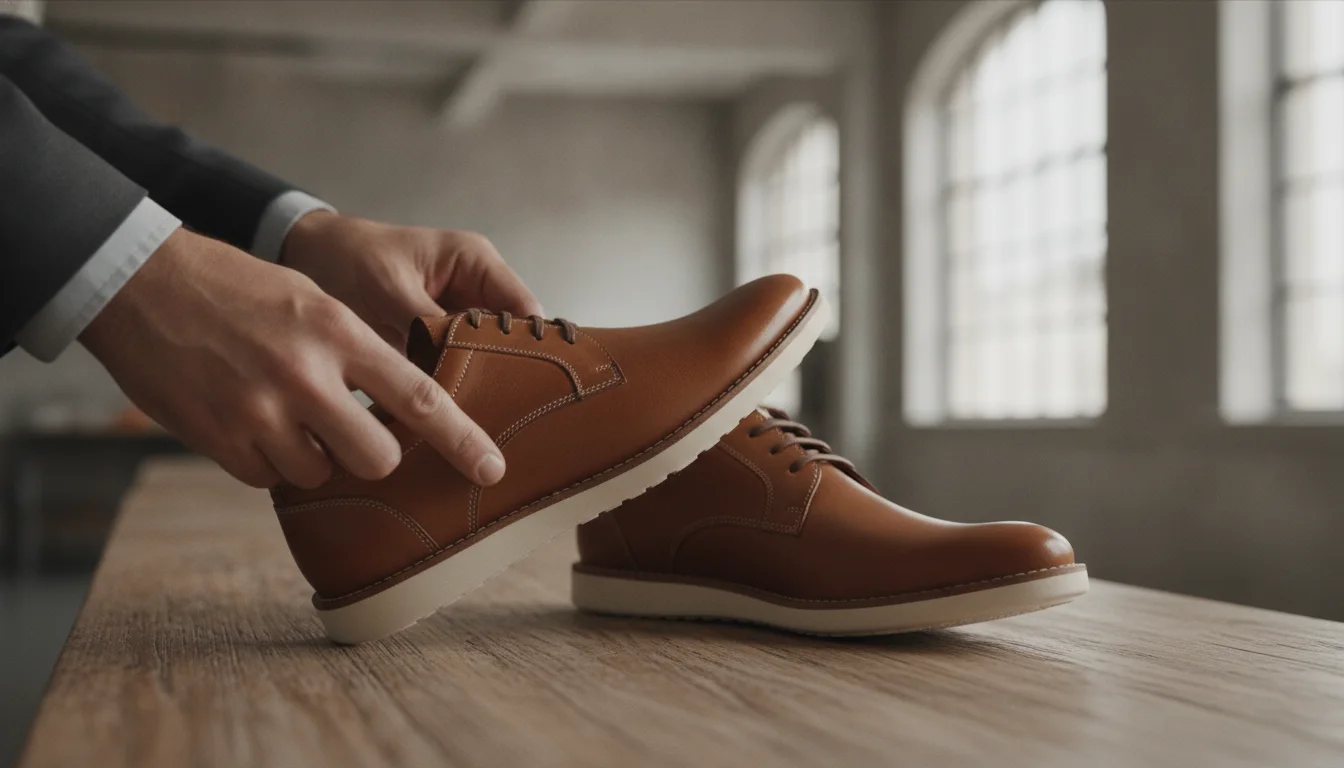 Checking sole stitching and material quality in wholesale shoe inspection.