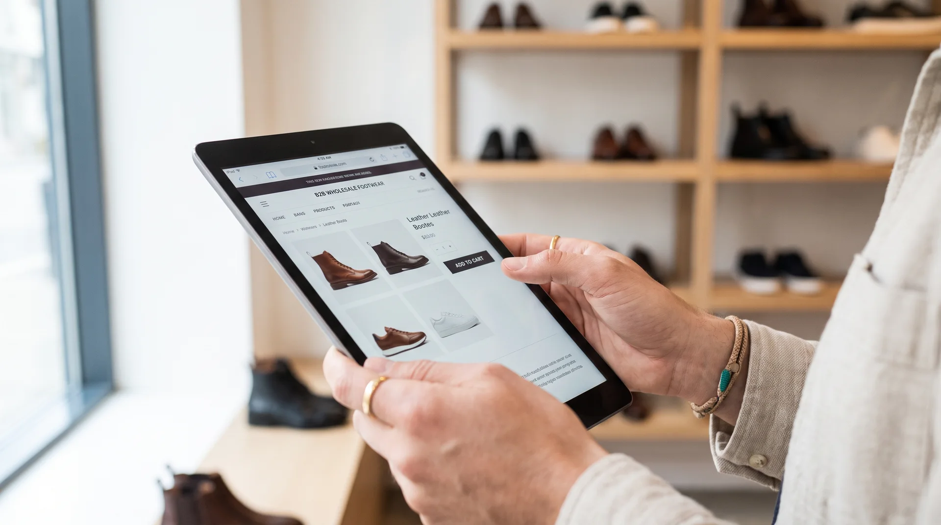Bir butik sahibi, arka planda ayakkabı rafları görünen mağazasında tablet üzerinden toptan ayakkabı siparişi veriyor.